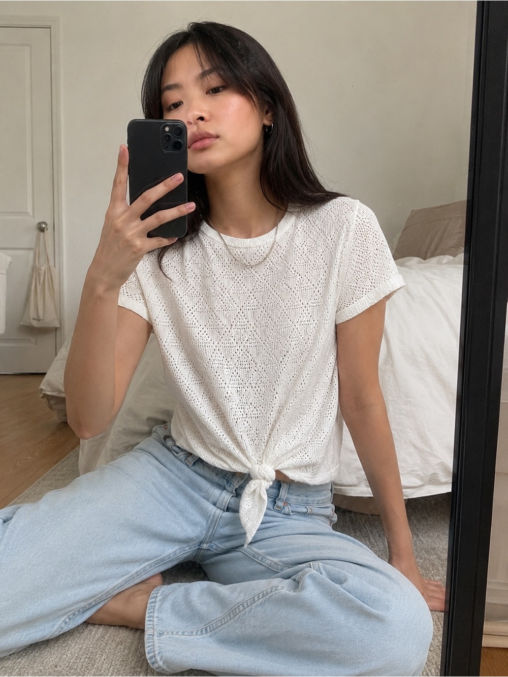 🌸 Madewell Texture & Thread White Eyelet Knit Tie-Front Top – XXS (Fits XS 2–4)